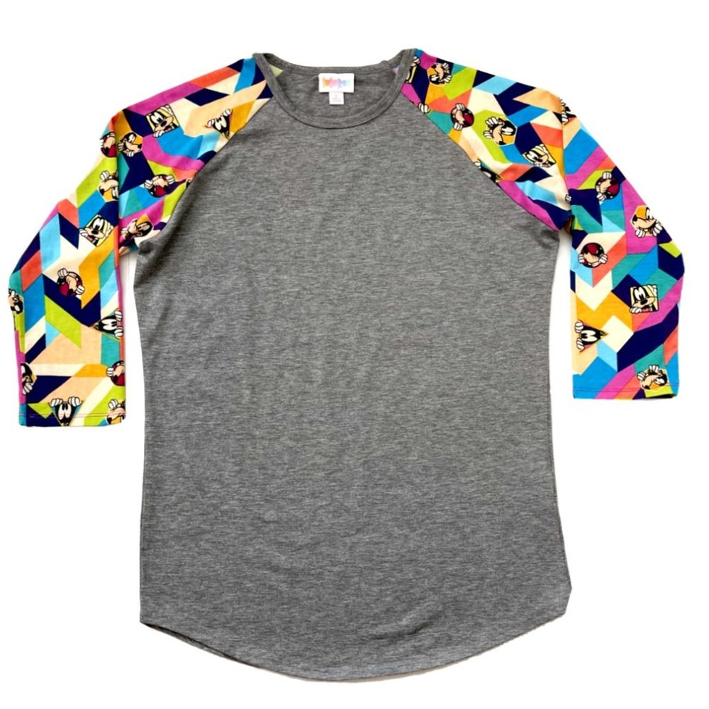 LuLaRoe Gray Raglan Tee with Multicolor Geometric Sleeves